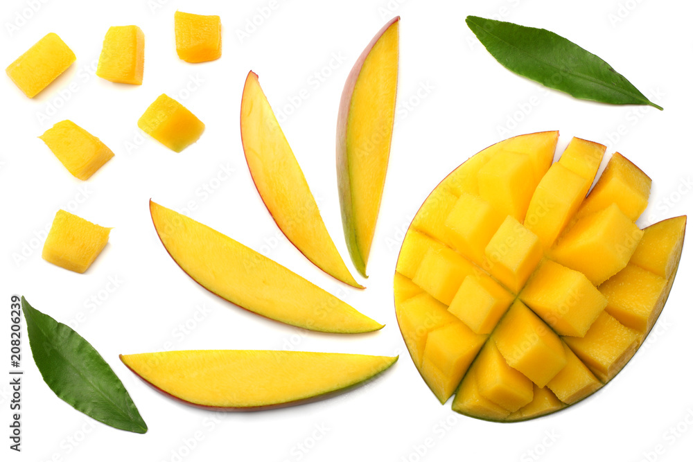 mango slice with green leaves isolated on white background. top view mango slice with green leaves isolated on white background. top view