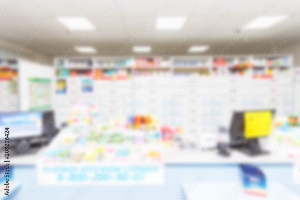 abstract background blur shelf with medicines and other goods in pharmacy store abstract background blur shelf with medicines and other goods in pharmacy store