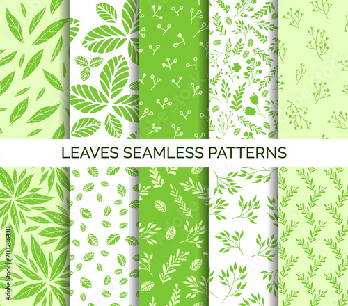Green leaves seamless pattern. Set of vector backgrounds, fabric print