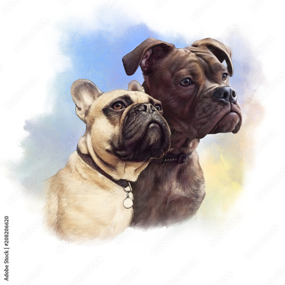 Fototapeta premium Cute French Bulldogs. Realistic drawing of two boxer dogs on watercolor background. Hand Painted Illustration of Pets. Watercolor Animal art collection: Dogs. Good for cover, print T-shirt, pillow.