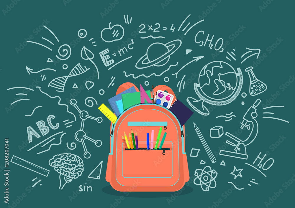 Open school backpack full of stationery with chalk doodle background. Education, subjects, studying concept. Vector illustration. - obrazy, fototapety, plakaty 
