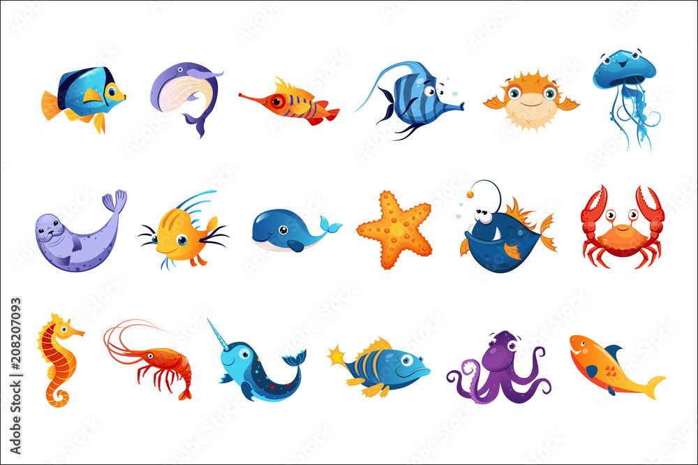 Naklejka premium Zestaw kolorowych zwierząt morskich