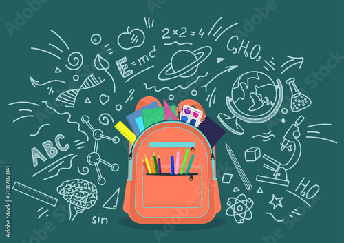 Open school backpack full of stationery with chalk doodle background. Education, subjects, studying concept. Vector illustration.