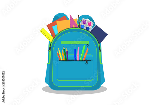 School backpack with stationery on white background. Vector illustration. photo