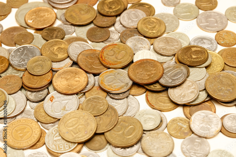 The texture of Russian coins, a large number of coins, Russian rubles and kopecks. The texture of Russian coins, a large number of coins, Russian rubles and kopecks.