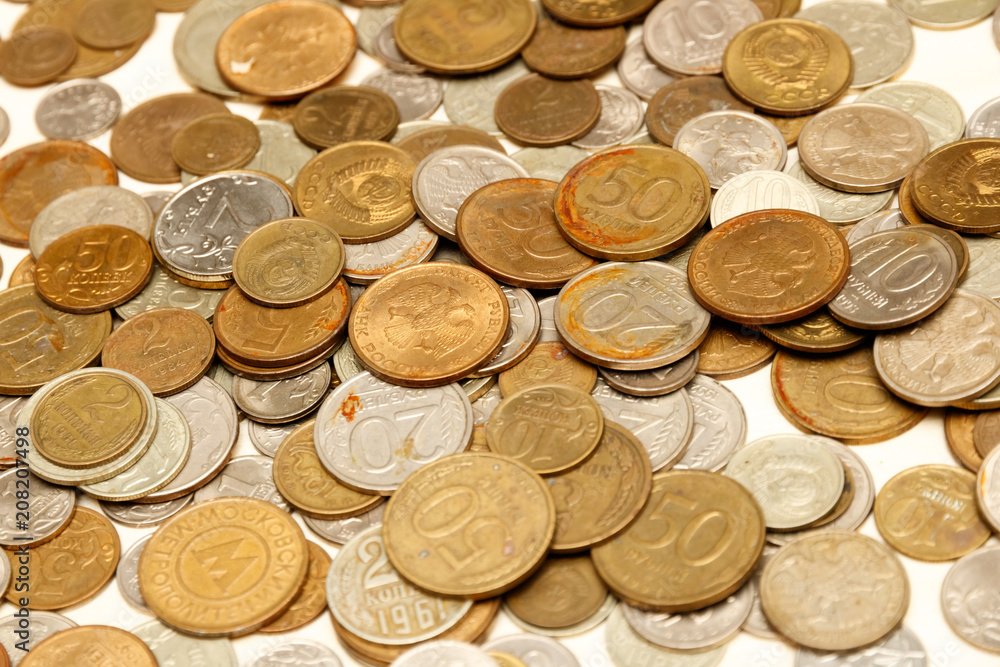The texture of Russian coins, a large number of coins, Russian rubles and kopecks. The texture of Russian coins, a large number of coins, Russian rubles and kopecks.