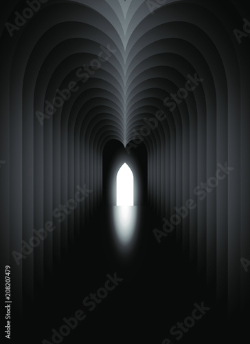 Abstract architectural tunnel with light at the end of a nave out the door. Darkness in the inside the nave. Concept vector illustration