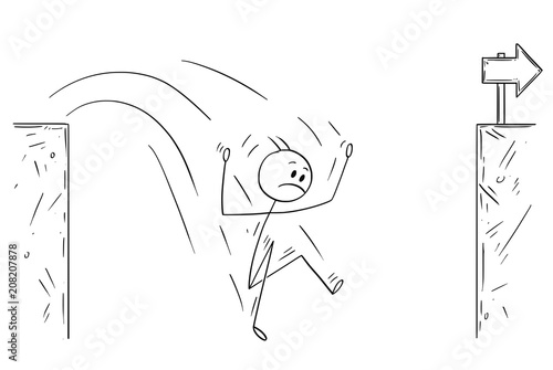 Cartoon stick man drawing conceptual illustration of unsuccessful businessman falling in to chasm.Business concept of challenge and fail.