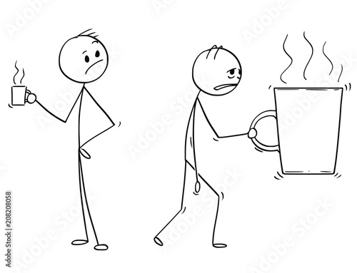 Cartoon stick man drawing conceptual illustration of tired and overworked businessman carrying big cup or mug of coffee or tea. Concept of stress and burning out.