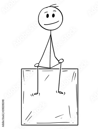 Cartoon stick drawing conceptual illustration of man or businessman sitting on box or cube and thinking.