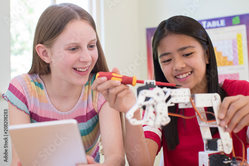 Two Female Pupils In Science Lesson Studying Robotics photo