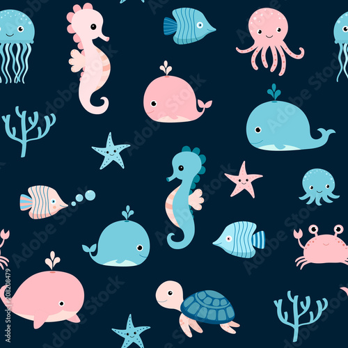 Cute vector seamless pattern with pink and blue sea animals for summer kids designs and backgrounds