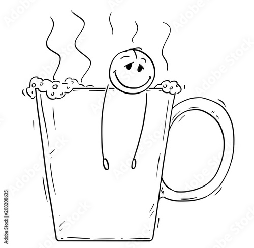 Cartoon stick drawing conceptual illustration of relaxed and happy man or businessman taking a bath in big cup of coffee. Concept of caffeine addiction.