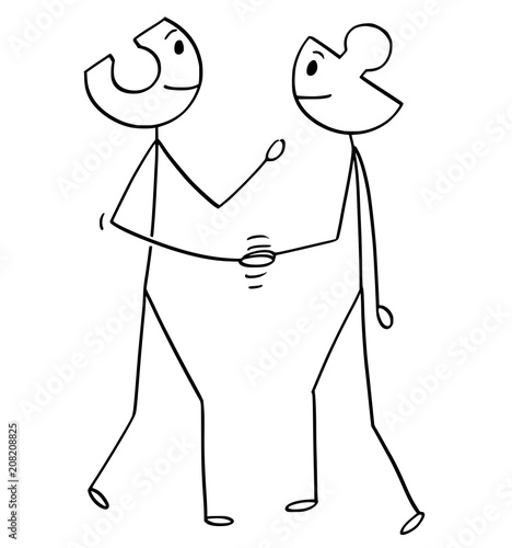 Cartoon stick man drawing conceptual illustration of two businessmen with heads as jigsaw puzzle pieces matching together. Business concept of teamwork and cooperation.
