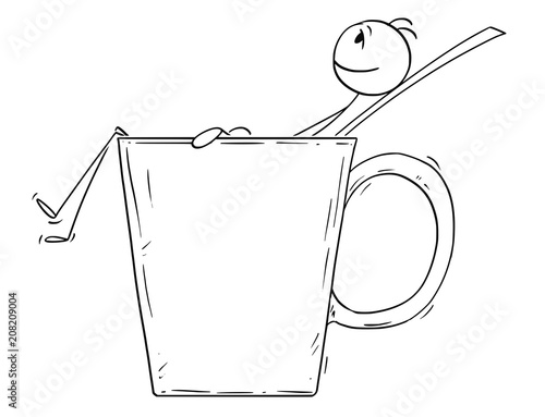 Cartoon stick drawing conceptual illustration of man or businessman relaxing in big cup or mug of coffee or tea.