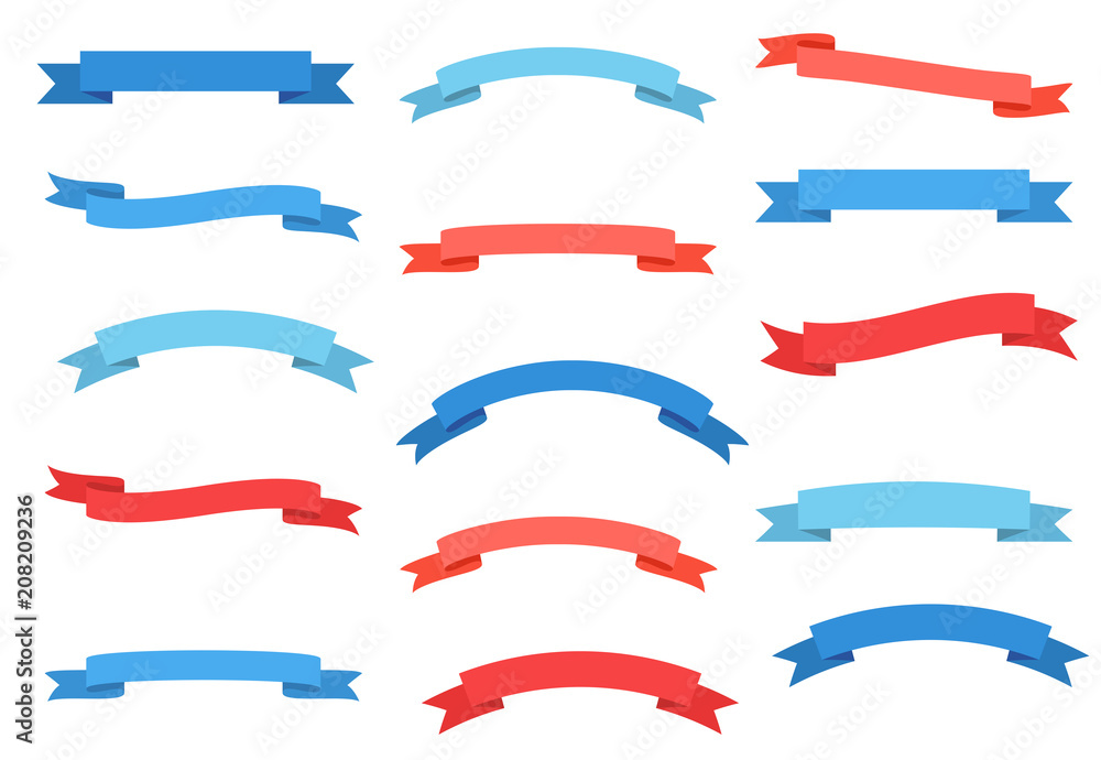 Blue and red curved vector ribbons for advertisement and American holiday designs