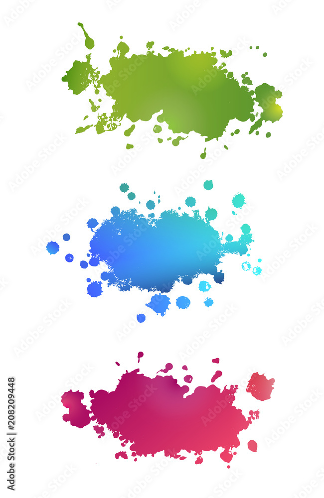 Vector set of abstract watercolor spots red, blue, green on white background. The color splashing in the paper. It is isolated background. Print for clothes. Watercolor designer element.
