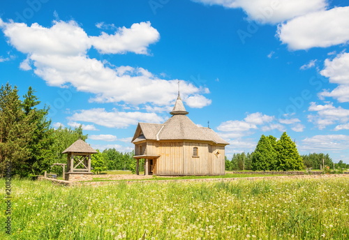 Small wooden old rural church in the field with dandelions