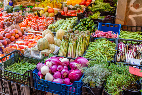 Fototapeta Naklejka Na Ścianę i Meble -  Food market in the center of Bologna, Italy. Early summer. Selective focus.