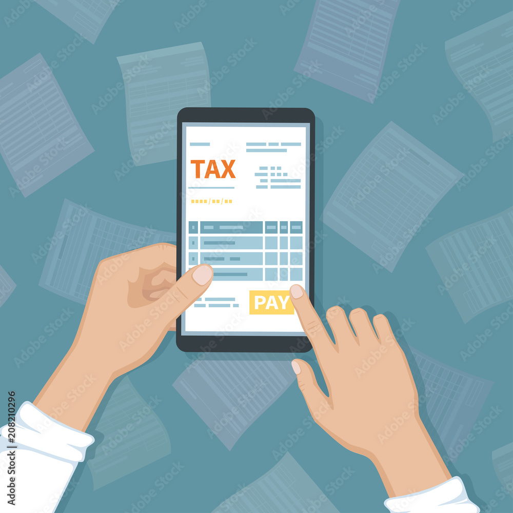 Online tax payment via phone. Man holding a mobile phone with tax form on screen and pay button. Internet banking concept. Online paying, bookkeeping, accounting. Vector illustration Online tax payment via phone. Man holding a mobile phone with tax form on screen and pay button. Internet banking concept. Online paying, bookkeeping, accounting. Vector illustration