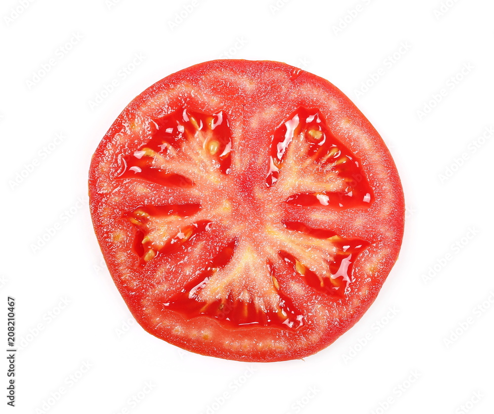 Fresh ripe, red tomato cut in half isolated on white background, top