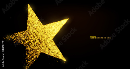Star banner background design with glowing particles isolated on dark black backdrop. Copy space. Light golden star shape consist of shine, glitter, glow, spark effect