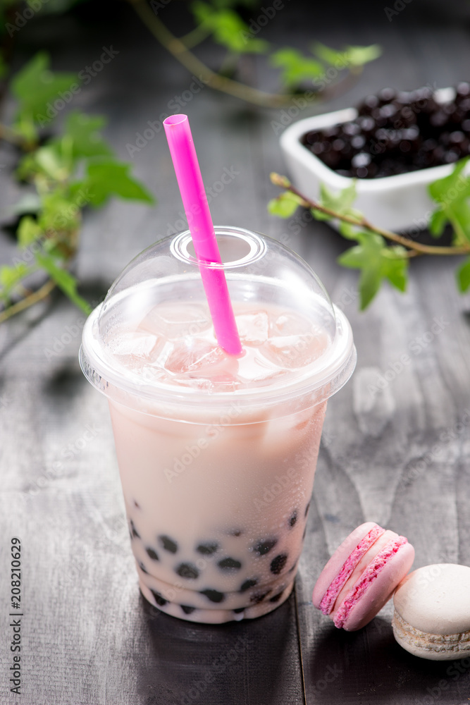 Strawberry Boba Bubble Tea with fruits and crushed ice. Stock Photo ...