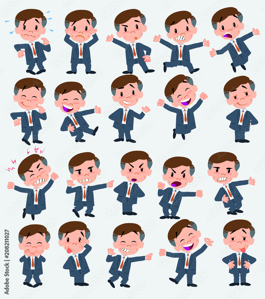 Cartoon character businessman. Set with different postures, attitudes and poses, doing different activities in isolated vector illustrations. Cartoon character businessman. Set with different postures, attitudes and poses, doing different activities in isolated vector illustrations.