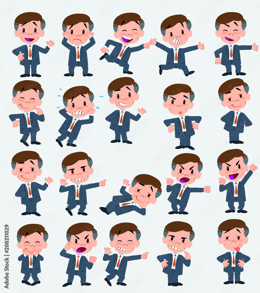 Cartoon character businessman. Set with different postures, attitudes and poses, doing different activities in isolated vector illustrations. Cartoon character businessman. Set with different postures, attitudes and poses, doing different activities in isolated vector illustrations.