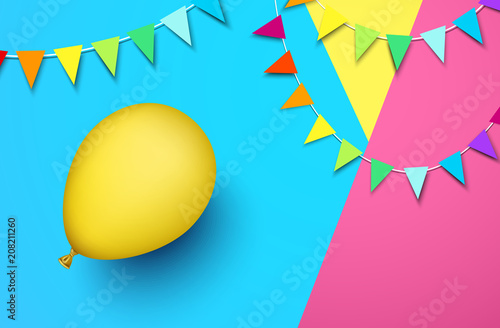 Festive background with yellow balloon and flags.