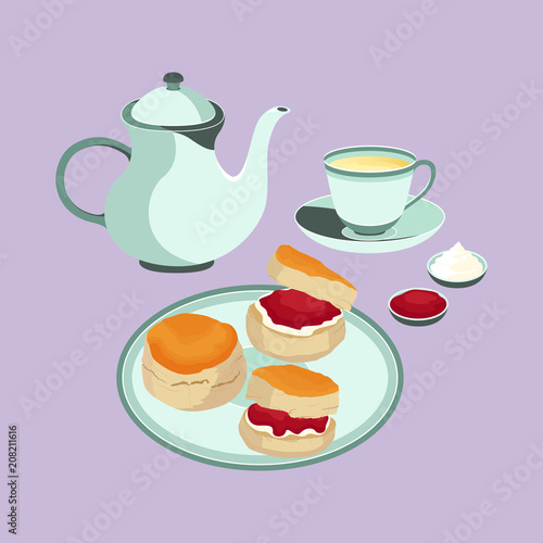 Scone with Tea Set Dessert English Cuisine Vector