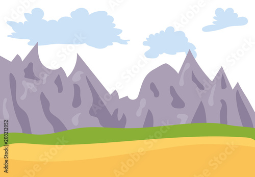 Natural cartoon landscape in the flat style with mountains, blue sky, clouds and hills. Vector illustration 