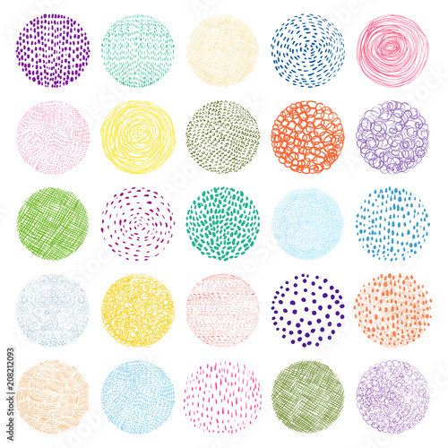 Colorful Hand drawn vector texture circles with lines, dots and scribbles for graphic design