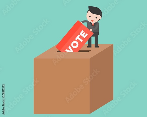 Tiny man dropping ballot into big box, vote and election concept