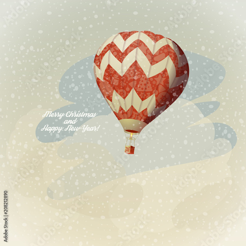 Christmas and New Yaer card with hot air balloon