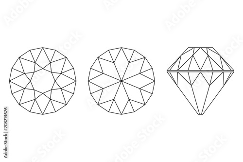 Three Different views of large diamond
cuts, side, top and bottom outline icon