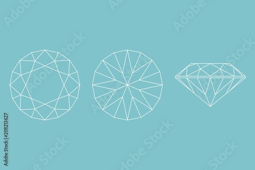 Three Different views of large diamond cutting, side, top and bottom, outline icon