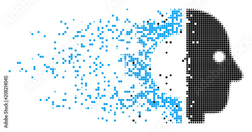 Fractured cyborg head dotted vector icon with destruction effect. Rectangle points are grouped into dissipated cyborg head figure.