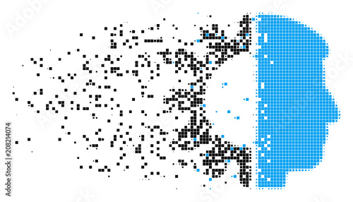 Dispersed android head dot vector icon with wind effect. Square particles are composed into dissipated android head shape. Pixel erosion effect demonstrates speed and motion of cyberspace matter.