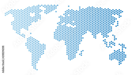 Honeycomb world map. Vector territorial scheme in light blue color with horizontal gradient. Abstract world map mosaic is formed from hexagon elements.