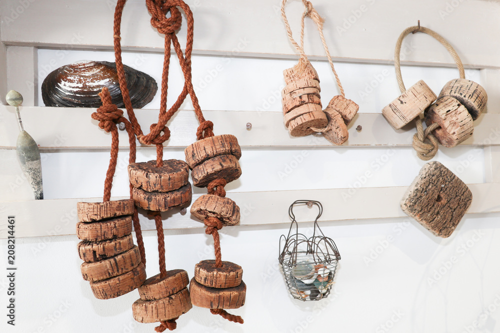 old fishing net floats in cork picked up on the beach used in vintage  decoration Stock Photo