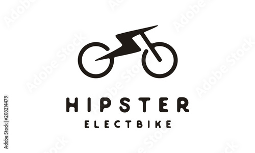 Bicycle Wheel with Thunder Bolt  Power for Vintage Retro Hipster Electric Bike Logo design