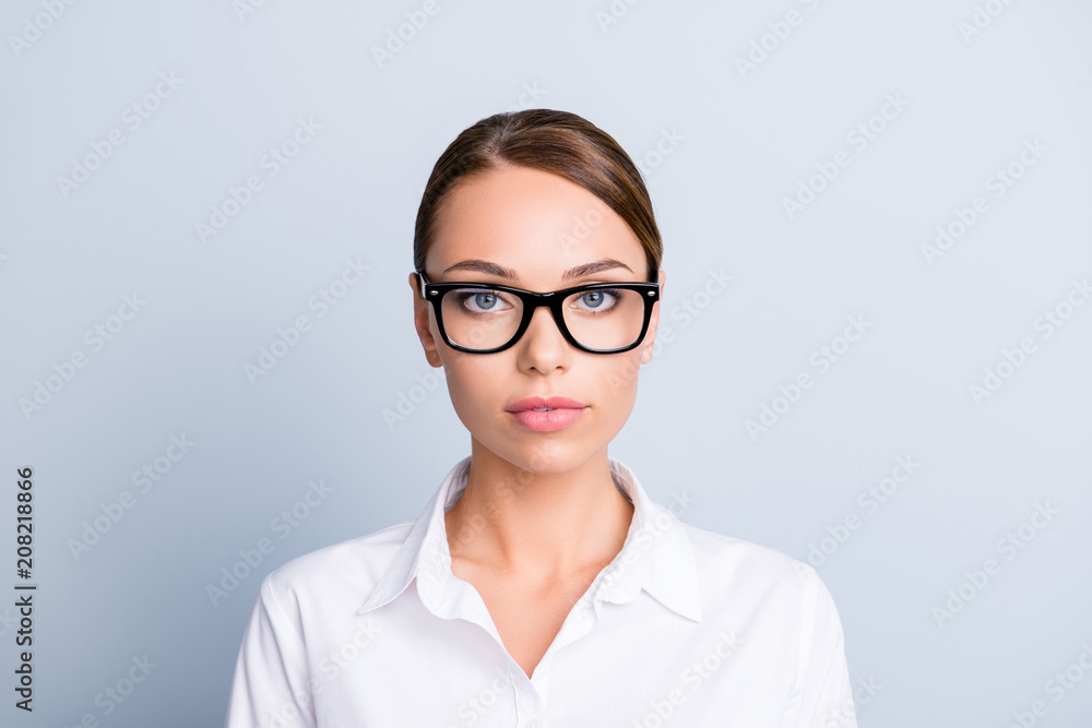 Close up portrait of attractive tempting clever experienced qualified expert strict cute lovely charming focused concentrated woman with half-open mouth eyewear white blouse isolated gray background Close up portrait of attractive tempting clever experienced qualified expert strict cute lovely charming focused concentrated woman with half-open mouth eyewear white blouse isolated gray background