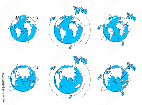 Global communication technology satellites flying orbital spaceflight around earth, spacecraft space stations with solar panels and satellite antenna plate. Thin line 3d vector illustrations set.