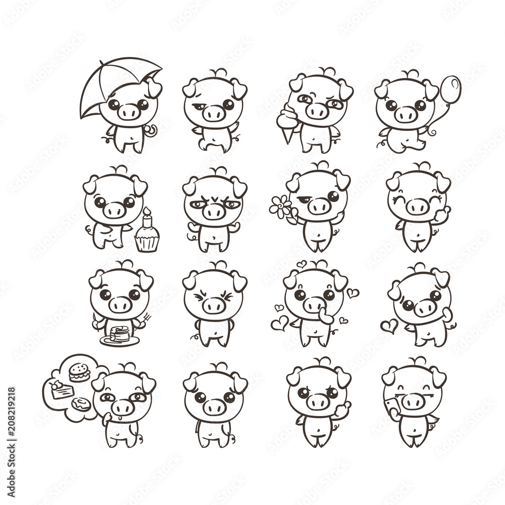 Collection of cutest pig character icon set with different emotions. Vector illustration for new 2019 year. Collection of cutest pig character icon set with different emotions. Vector illustration for new 2019 year.