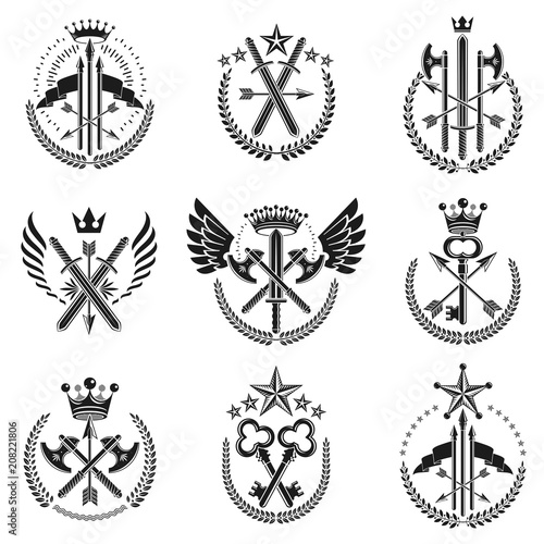 Vintage Weapon Emblems set. Vintage vector design elements collection. Retro style label, heraldry.