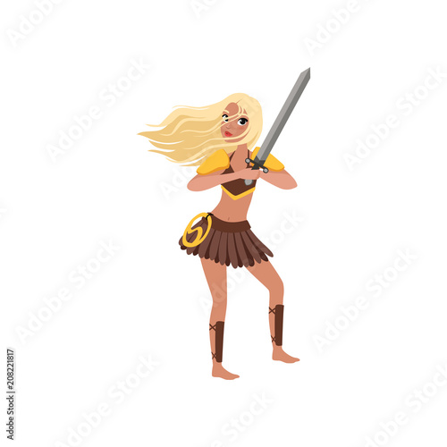 Beautiful warlike amazon girl character, ancient warrior with sword vector Illustration on a white background