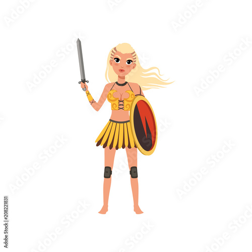 Beautiful blonde amazon girl character, ancient warrior with shield and sword vector Illustration on a white background