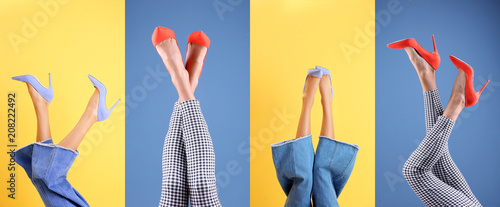 Fotografiet Young women in stylish shoes on color background