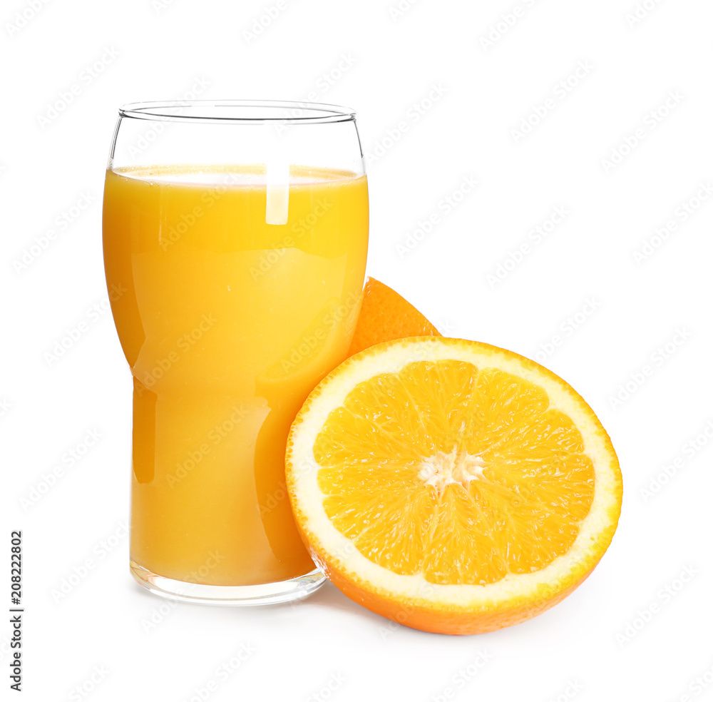 Glass with delicious citrus juice and fresh fruit on white background Glass with delicious citrus juice and fresh fruit on white background